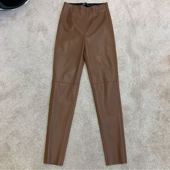 Zara camel brown faux leather high waisted vegan leggings Sz S NWOT - Picture 3 of 12